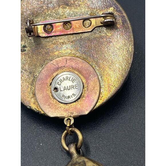 CHARLIE LAURE PARIS Vintage 4” Brass Articulated Dangle Repousse Orange Brooch - Picture 15 of 15